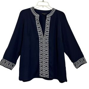 FLORYDAY Navy Blue Embroidered Tunic Top Women's Large Long‎ Sleeve